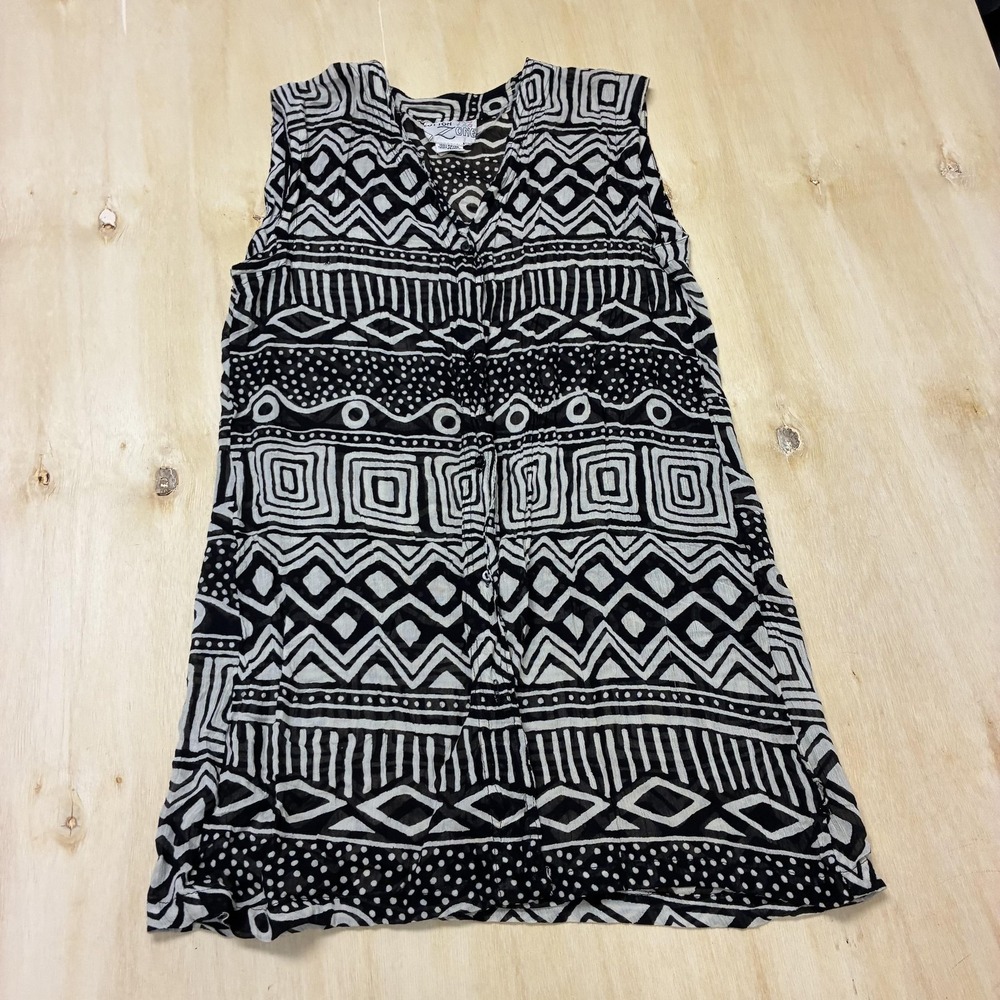 Vintage Cotton Zone Dress Womens PM Black Geometric Sleeveless V Neck Swing Boho